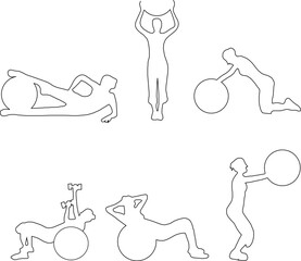 vector sketch illustration of a silhouette design of a person exercising Pilates movements using a ball.eps