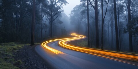 Naklejka premium A winding road through the fog with glowing light trails hints at mystery and adventure.