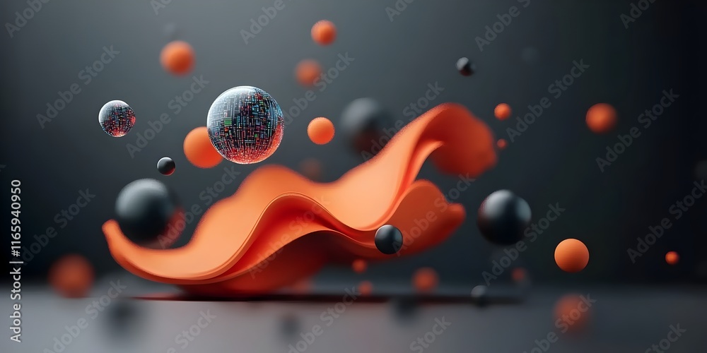 Poster shimmering digital dimension with levitating information orbs dynamic data visualizations and abstra