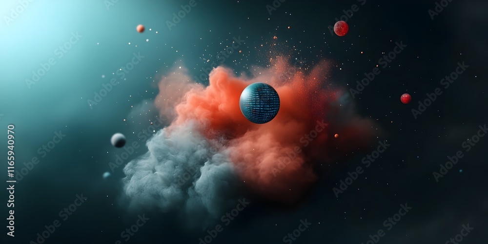 Poster mesmerizing digital dimension filled with shimmering data fractals levitating information orbs and c