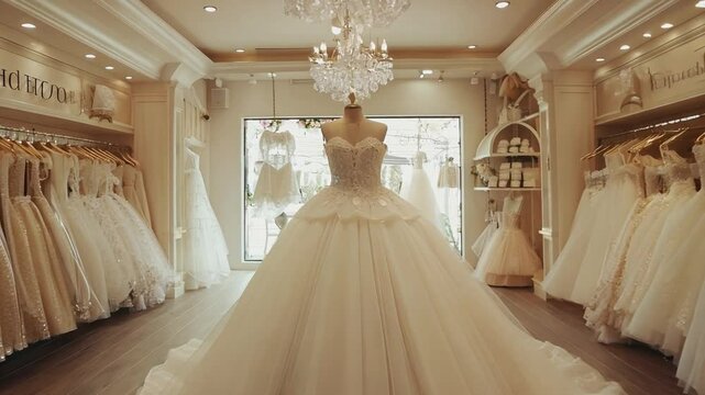 A breathtaking wedding gown takes center stage in a luxurious bridal boutique, surrounded by a stunning array of other exquisite dresses. The perfect image for wedding blogs.