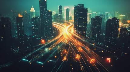 Fototapeta premium Abstract business team stands on the peak of success amid tall, innovative Smart city and graphs with statistics to analyze business potential and predict future developments in company growth.