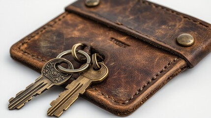 Leather key holder with two antique keys.