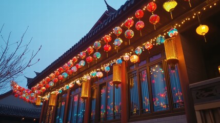 Colorful Chinese temple with red lanterns swaying under a clear blue sky, evoking cultural and festive vibes