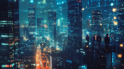 Abstract business team stands on the peak of success amid tall, innovative Smart city and graphs with statistics to analyze business potential and predict future developments in company growth.