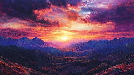 Obraz premium Breathtaking sunset over a vibrant mountain landscape, showcasing rich purples, oranges, and blues.