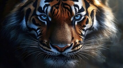 Close-up of a fierce tiger with striking blue eyes and bold orange and black stripes, showcasing its powerful presence.