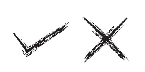 Check marks doodle set. Checkbox, checklist, tick and cross signs, v and x in sketch style. Hand drawn vector illustration isolated on white background