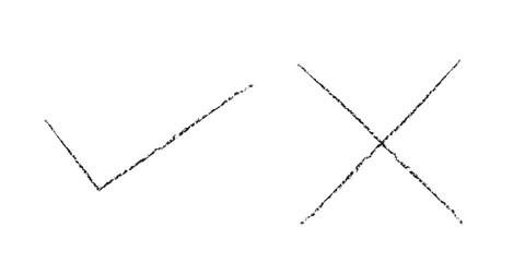 Check marks doodle set. Checkbox, checklist, tick and cross signs, v and x in sketch style. Hand drawn vector illustration isolated on white background