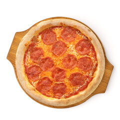 Pizza pepperoni isolated on white background. Tasty italian hot pepperoni pizza with salami, mozzarella cheese and tomato sauce on wooden dish or board top view for design menu and promotional