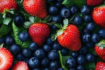 Obraz premium Fresh strawberries and blueberries on a bed of spinach create a colorful and healthy salad for a summer meal