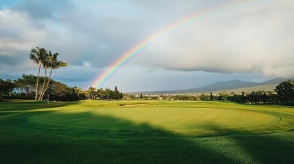 Golf practice range with a vibrant rainbow in the distance