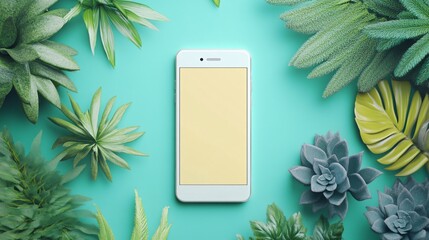 A light-colored smartphone surrounded by lush green plants on a vibrant turquoise background.