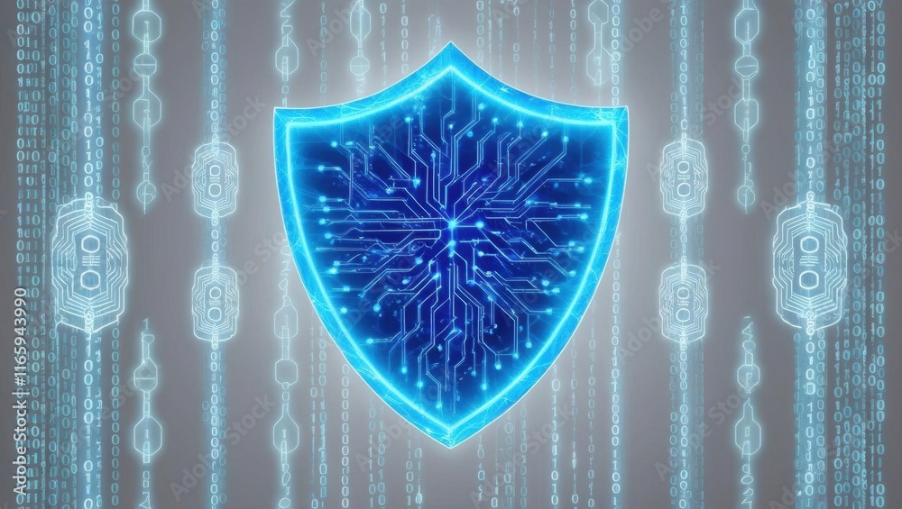 Poster a digital shield icon with a circuit design, surrounded by vertical binary code, symbolizes cybersec