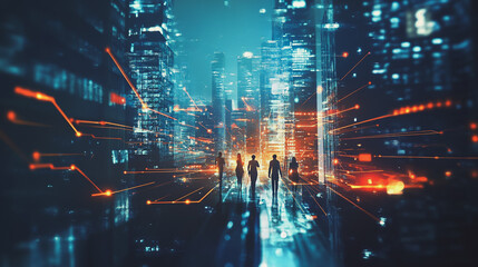 Abstract business team stands on the peak of success amid tall, innovative Smart city and graphs with statistics to analyze business potential and predict future developments in company growth.