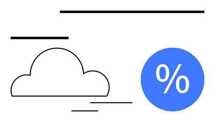 Cloud with black outline beside a blue circle containing a percentage symbol. Uneven black lines scattered across. Ideal for weather forecasting, economics, discount, climate data interpretation