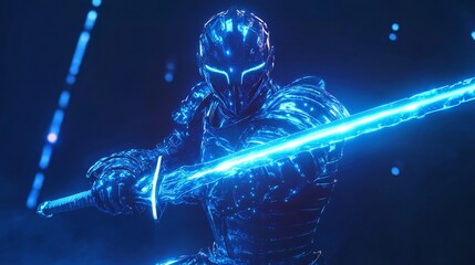 A fierce male knight in glowing blue armor brandishes a neon sword, exuding power and intensity.