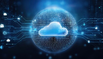 A digital cloud overlaid with binary code, representing cloud computing and data transfer in a futuristic tech environment.