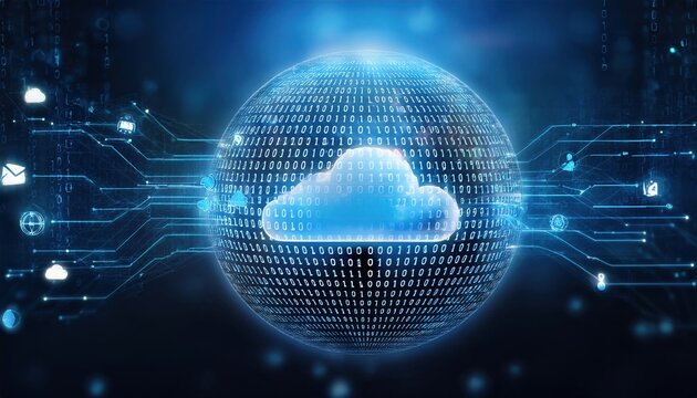 A digital cloud overlaid with binary code, representing cloud computing and data transfer in a futuristic tech environment.