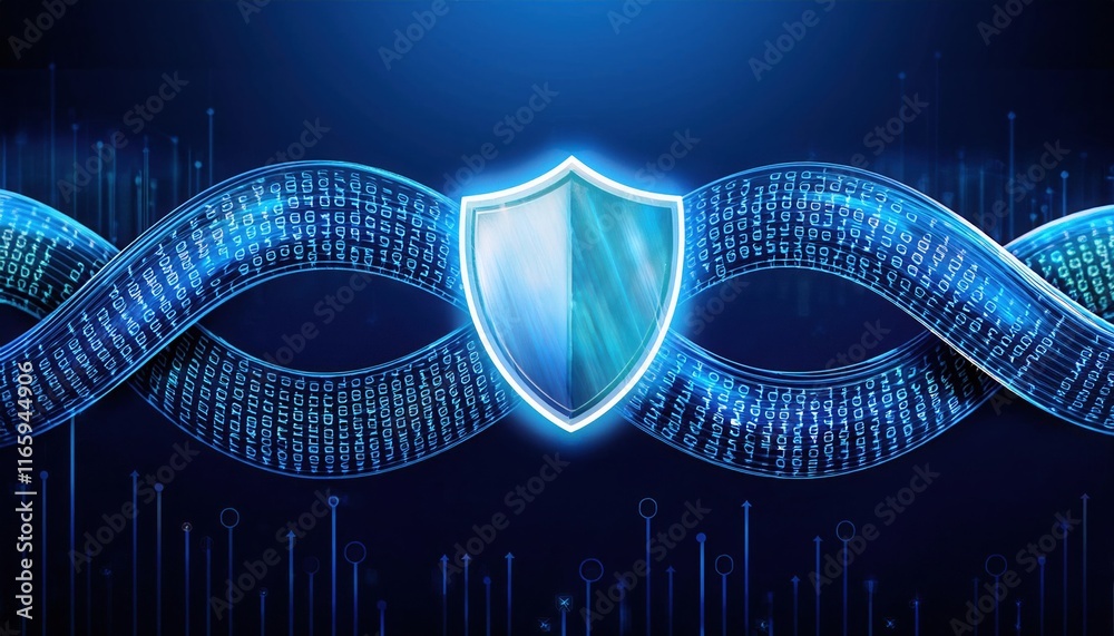 Poster a digital shield surrounded by binary code symbolizes cybersecurity and data protection in a modern 