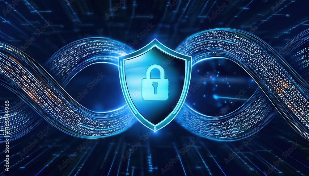 Poster a digital representation of cybersecurity, featuring a blue shield with a lock, symbolizing data pro