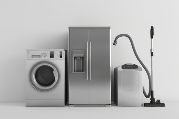 A collection of modern household appliances including a washing machine, refrigerator, and vacuum. isolated on white background