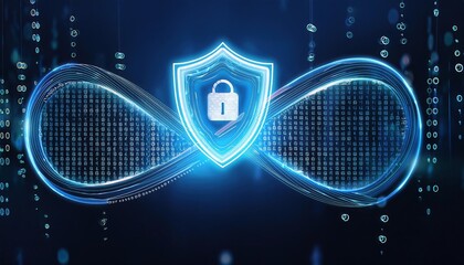 A digital shield with a padlock symbolizes cybersecurity, surrounded by binary code, conveying...