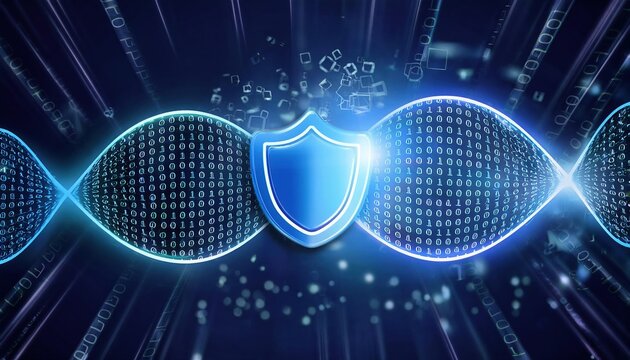 A digital illustration of a blue shield overlaid on binary code, representing cybersecurity, protection, and data integrity in a tech-oriented environment.
