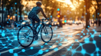 Cyclist riding bike on city street at sunset with digital network overlay.