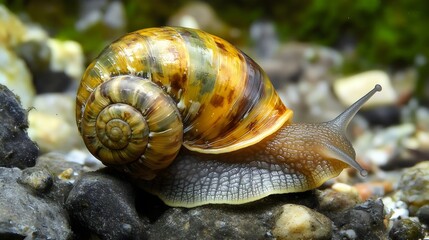 A close-up of a beautiful snail with a shiny, patterned shell crawling over pebbles in a natural setting, showcasing its delicate features and textures.