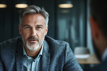 Obraz premium Confident Male Interviewer Engaging in Business Discussion Office Setting Closeup View Professional Environment