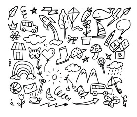 Doodle cute line elements, Black hand drawn vector elements, Simple sketch line style emphasis, attention, kite, cloud, rocket, rainbow,car,whale mushroom, umbrella