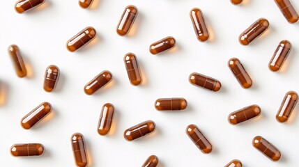 Scattered brown capsules on a white background, showcasing a variety of shapes and sizes.