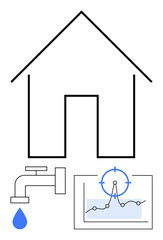 Minimalist house outline with faucet and water drop, graph with a focus icon. Ideal for water management, home efficiency, sustainability, IoT, data analysis, eco-living, abstract line flat metaphor