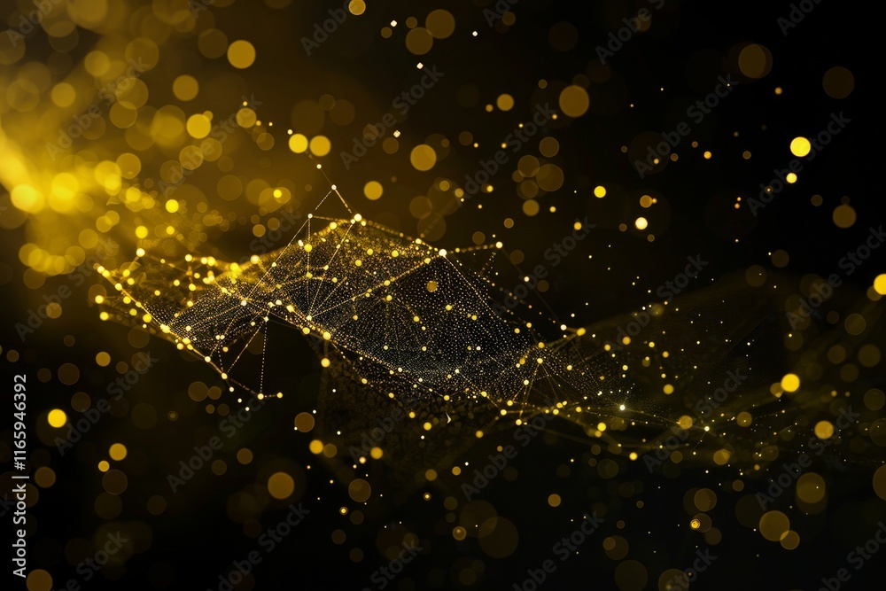 Poster a mesmerizing array of golden particles swirls and flows against a dark backdrop, forming a captivat