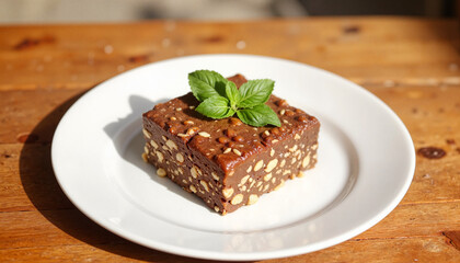 Delicious home-made nougat served on a white plate with mint leaves on a wooden table