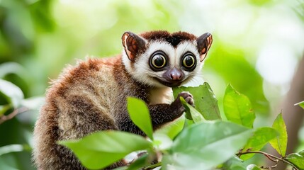 Fototapeta premium Adorable baby lemur with large eyes eating leaves in lush green foliage.