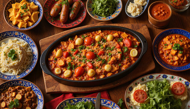 Traditional Bobotie served in a platter with side dishes on a rustic wooden table setting