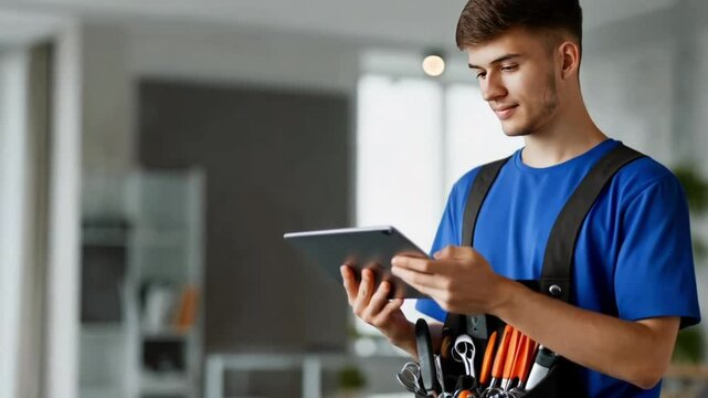 young repairman wearing a tool belt with various tools using digital tablet while standing indoors