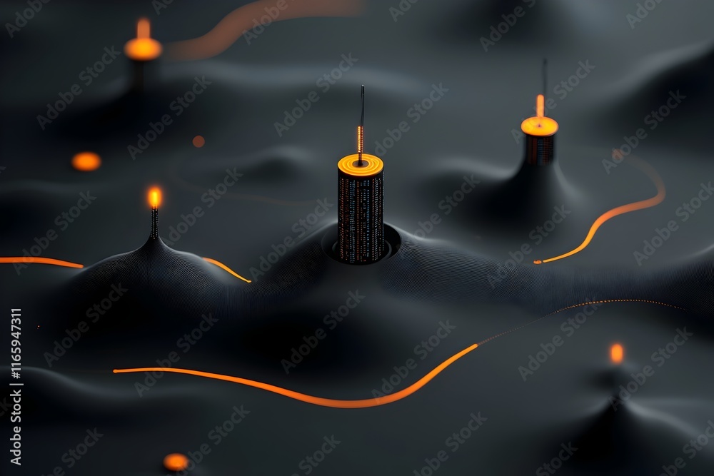 Poster expansive digital canvas with towering data towers shimmering data fields and undulating information