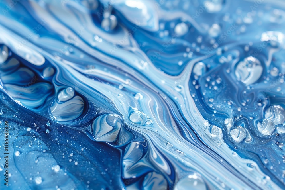 Poster a close-up view showcases an abstract pattern of blue and white liquid mixed with bubbles, creating 