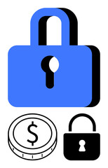 Blue padlock with a keyhole, black padlock, and a coin with a dollar sign. Ideal for finance security, digital safety, data protection, privacy, investment, cybersecurity abstract line flat metaphor