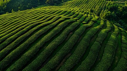 Fototapeta premium Aerial view of rolling green tea plantation hills.