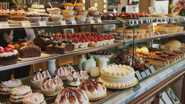 A captivating showcase of exquisite cakes, tarts, and pastries in a charming bakery setting.  A feast for the eyes.