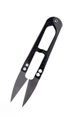 Black knitting scissors isolated on white background