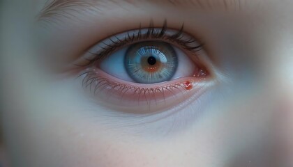 Fototapeta premium A close-up image of a child's right eye showing signs of swelling and redness on the lower eyelid captured in macro detail for a clear focused view.