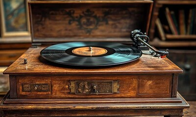An antique phonograph with a spinning vinyl record on a wooden surface.