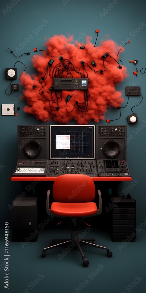 Poster cutting edge digital utopia with interconnected data networks and generative digital sculptures show