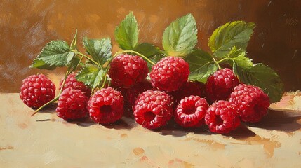 Vibrant red raspberries arranged with lush green leaves on a soft beige surface.