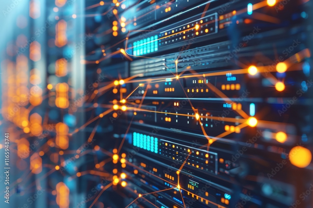 Poster a vibrant data center filled with illuminated servers and intricate network connections, creating a 